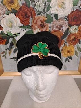 Black Acrylic Knit Beanie with Embroidered Green Shamrock Accent